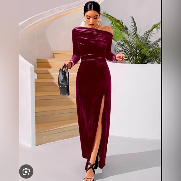#93 Burgundy velvet Asymmetrical Neck Ruched Split Thigh  gown / maxi dress - Picture 1 of 5